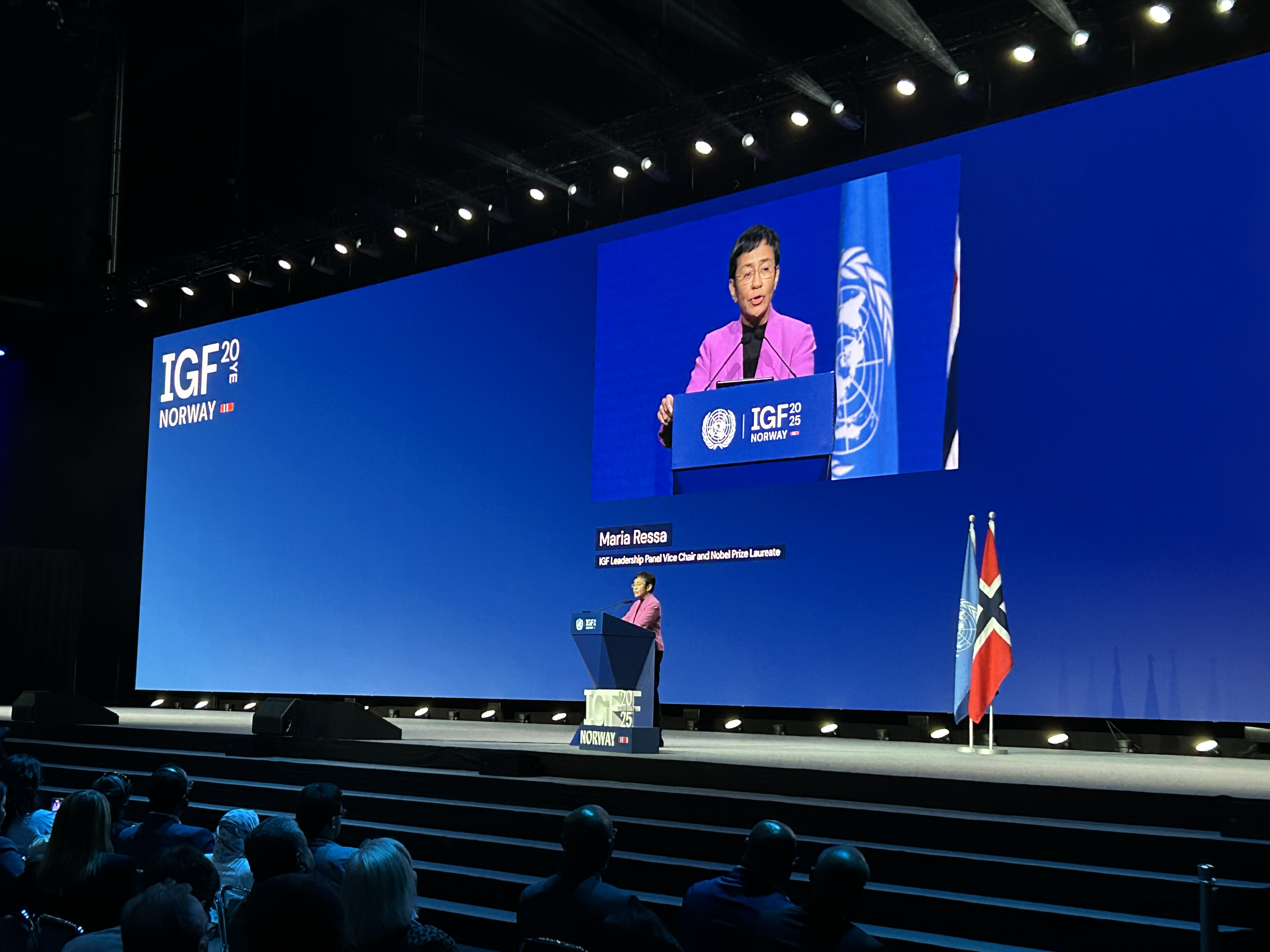 Maria Ressa talking at the IGF 2025.