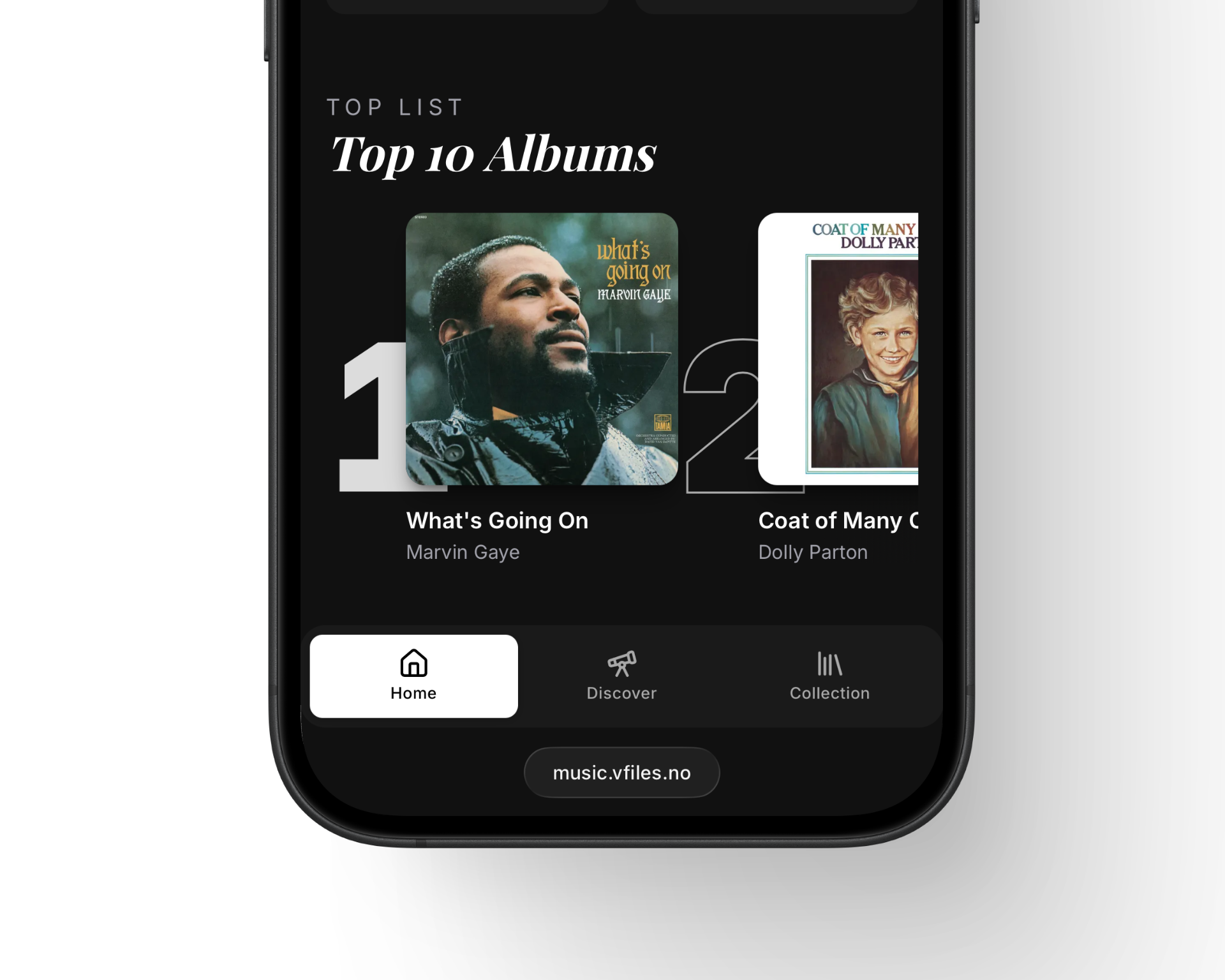 Mobile screenshot of the music.vfiles.no home feed showing a large italic serif headline for a Top 10 Albums list, with a floating bottom navigation bar for Home, Discover, and Collection.