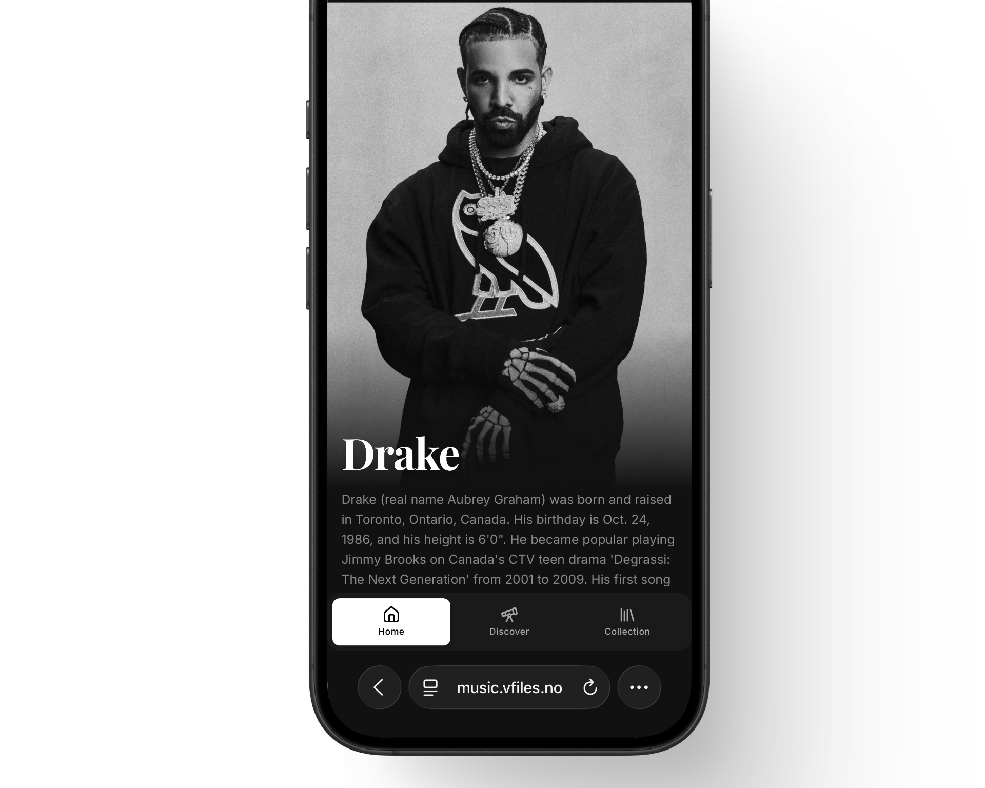 Mobile artist page for Drake on music.vfiles.no, showing a full-bleed black and white photo with the artist's name overlaid in a large italic serif typeface.