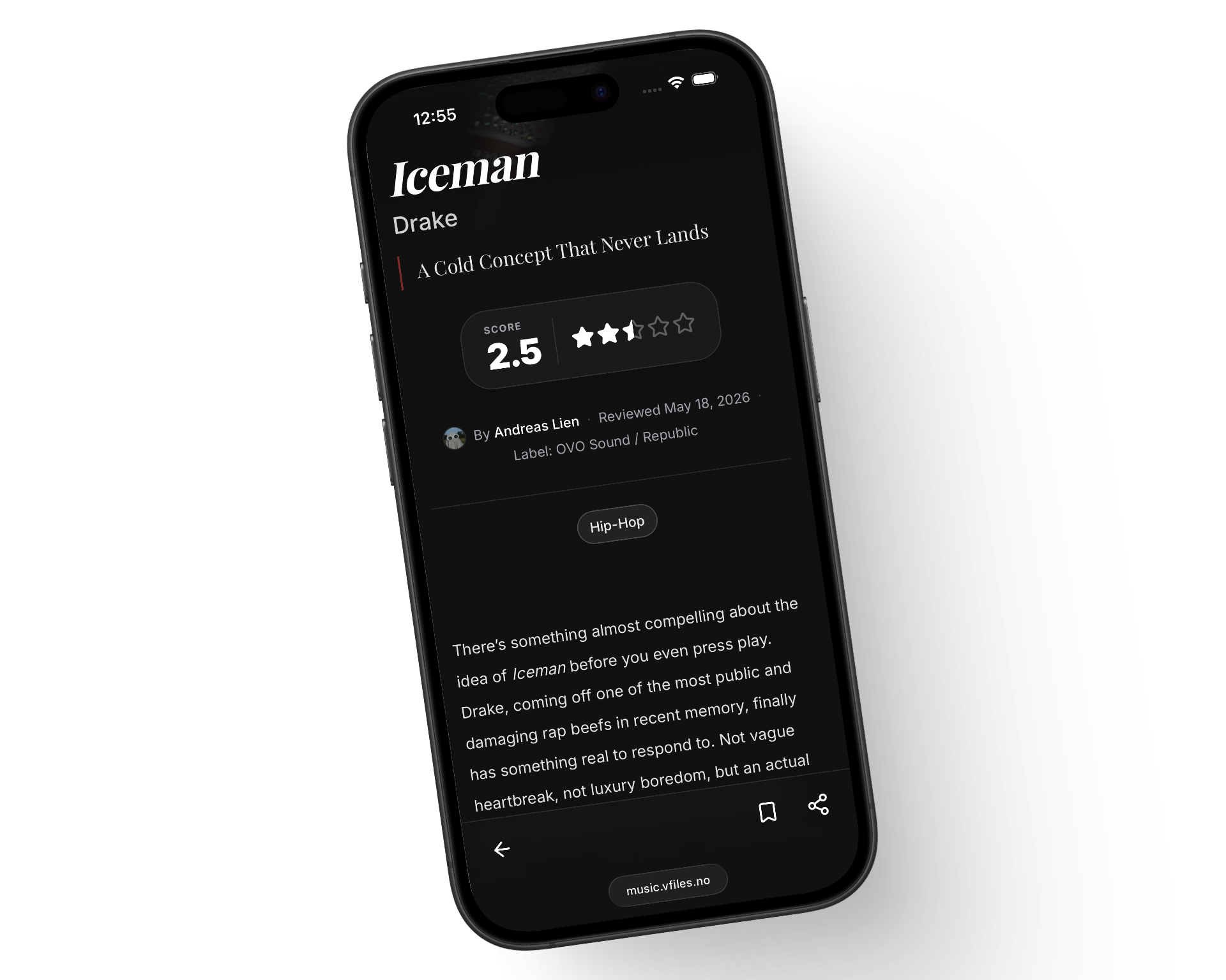 Mobile review detail page showing a genre tag pill, a five star rating widget, a numeric score, an italic pull-quote subtitle, and a byline, above the review text.