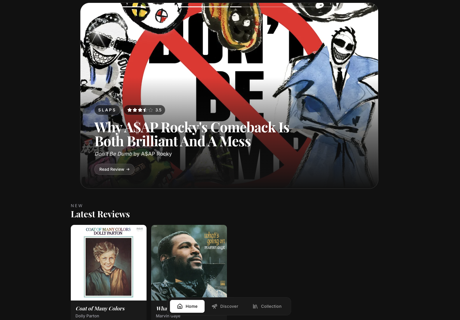 Desktop homepage of music.vfiles.no showing a wide hero section with a rating badge and serif headline, a Latest Reviews grid, and a Top 10 Albums list with large numerals overlapping the album covers, with the floating bottom navigation bar still present.